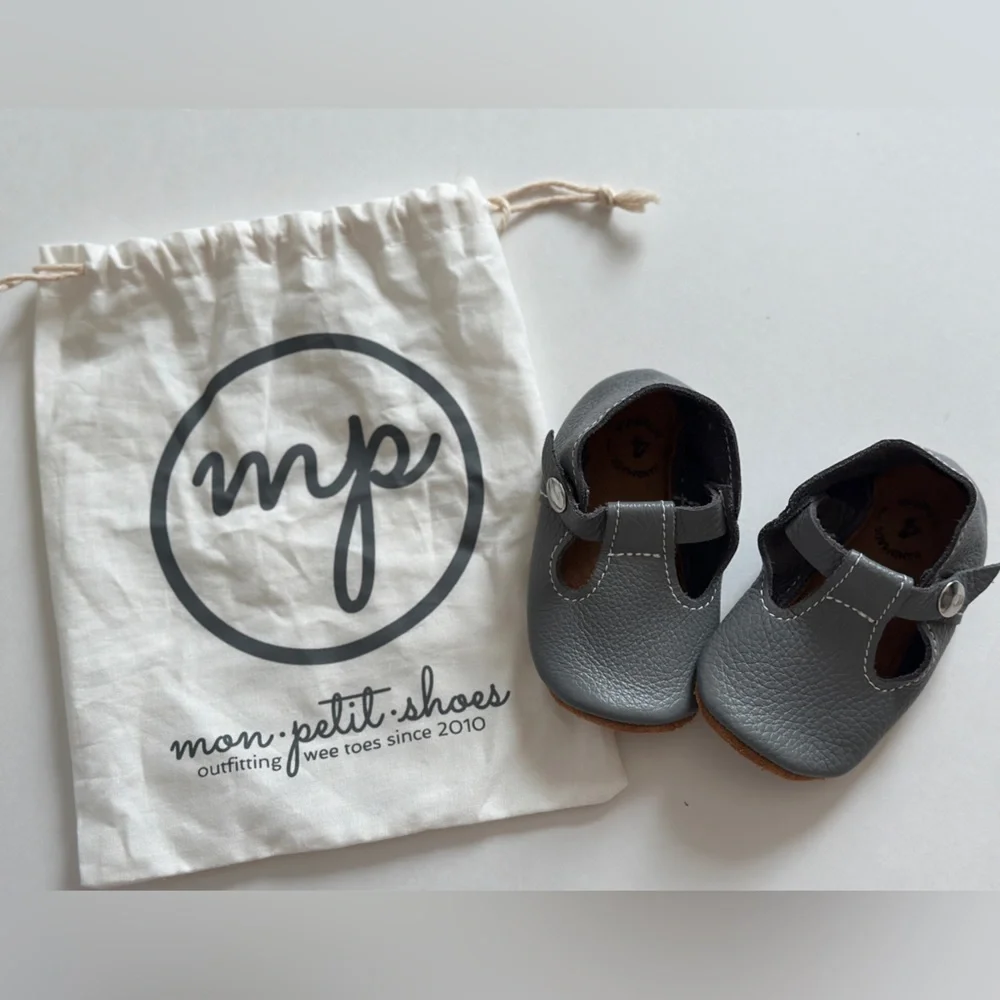 Mon Petit STORM Gray Size 4 MP T-Straps Shoes Baby Handmade Leather